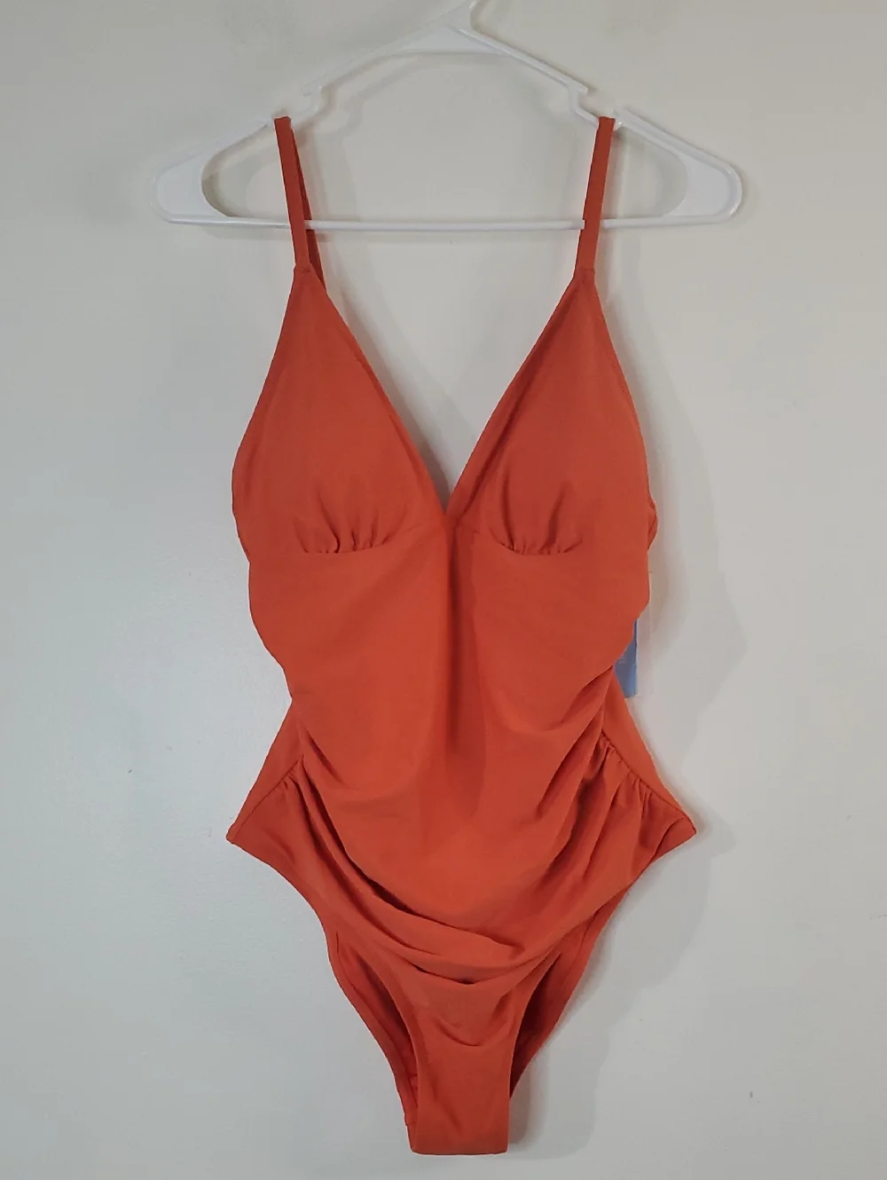 NWT CupShe Sleek Orange Ruched One-Piece Swimsuit Size Lg Tummy Control V-Neck